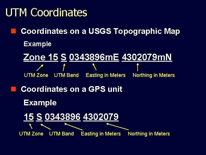 UTM Coordinates n Coordinates on a USGS Topographic Map Example Zone 15 S 0343896