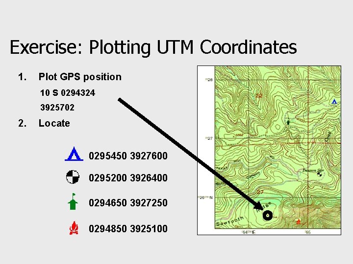 Exercise: Plotting UTM Coordinates 1. Plot GPS position 10 S 0294324 3925702 2. Locate