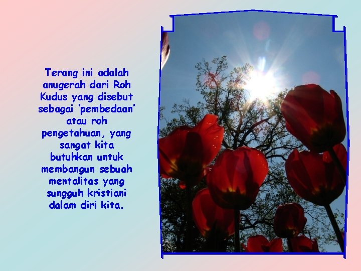 Terang ini adalah anugerah dari Roh Kudus yang disebut sebagai ‘pembedaan’ atau roh pengetahuan,