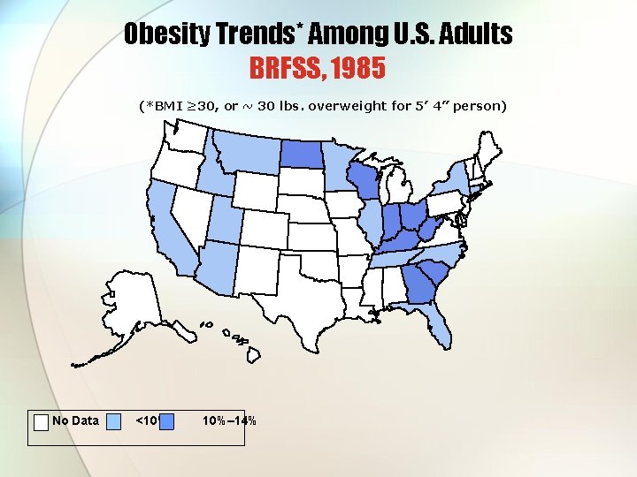 Obesity Trends* Among U. S. Adults BRFSS, 1985 (*BMI ≥ 30, or ~ 30