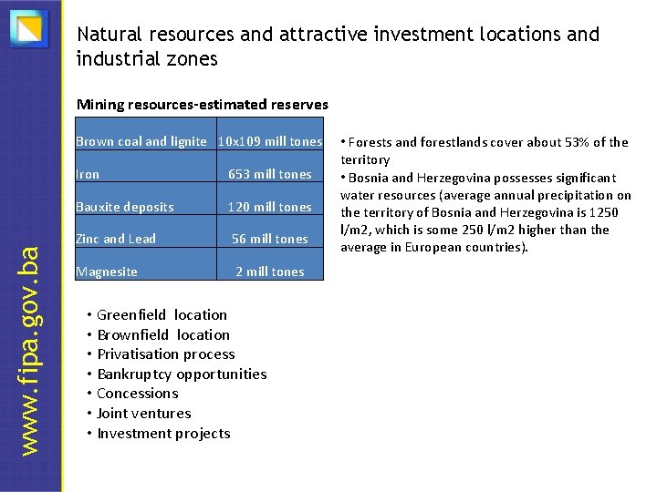 Natural resources and attractive investment locations and industrial zones Mining resources-estimated reserves www. fipa.