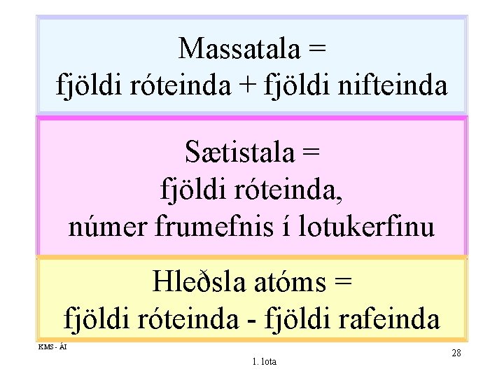 Massatala = fjöldi róteinda + fjöldi nifteinda Sætistala = fjöldi róteinda, númer frumefnis í