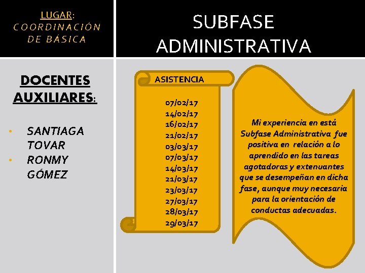  • • LUGAR: COORDINACIÓN DE BÁSICA SUBFASE ADMINISTRATIVA DOCENTES AUXILIARES: ASISTENCIA SANTIAGA TOVAR