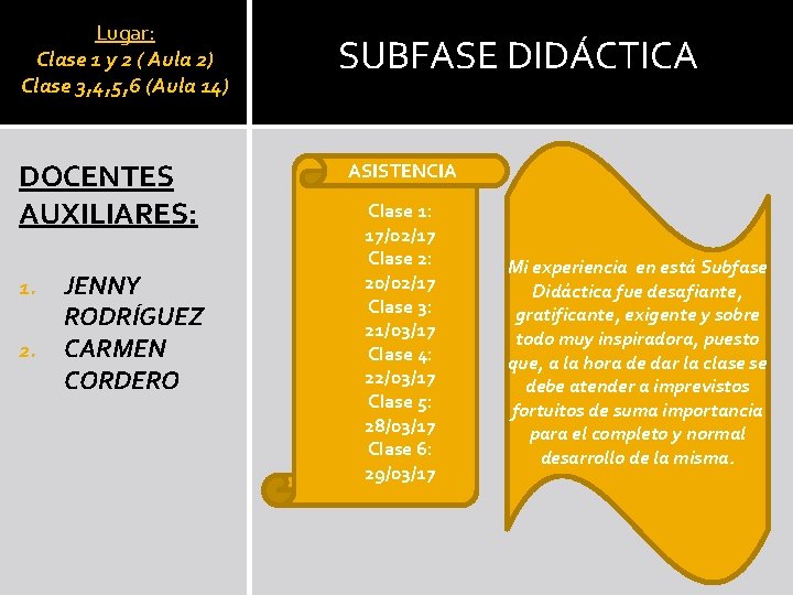 Lugar: Clase 1 y 2 ( Aula 2) Clase 3, 4, 5, 6 (Aula