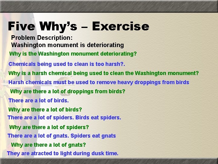 Five Why’s – Exercise Problem Description: Washington monument is deteriorating Why is the Washington