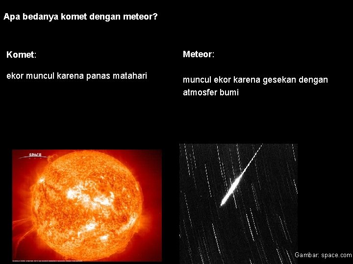 Apa bedanya komet dengan meteor? Komet: Meteor: ekor muncul karena panas matahari muncul ekor