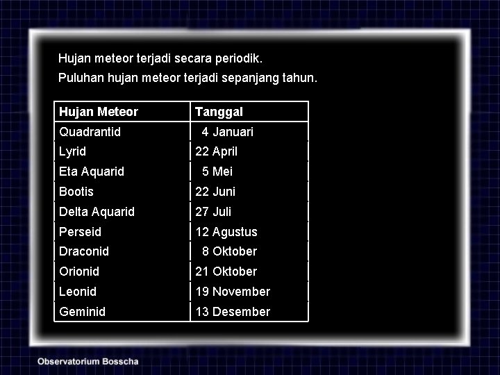 Hujan meteor terjadi secara periodik. Puluhan hujan meteor terjadi sepanjang tahun. Hujan Meteor Quadrantid