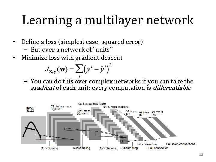 Learning a multilayer network • Define a loss (simplest case: squared error) – But