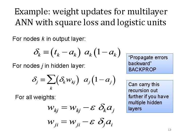 Example: weight updates for multilayer ANN with square loss and logistic units For nodes
