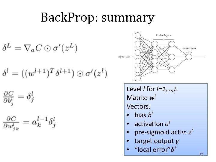 Back. Prop: summary Level l for l=1, …, L Matrix: wl Vectors: • bias
