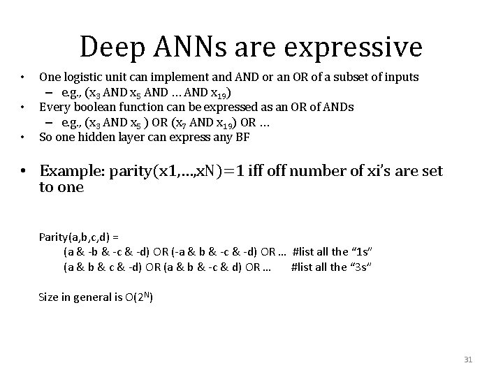 Deep ANNs are expressive • • • One logistic unit can implement and AND