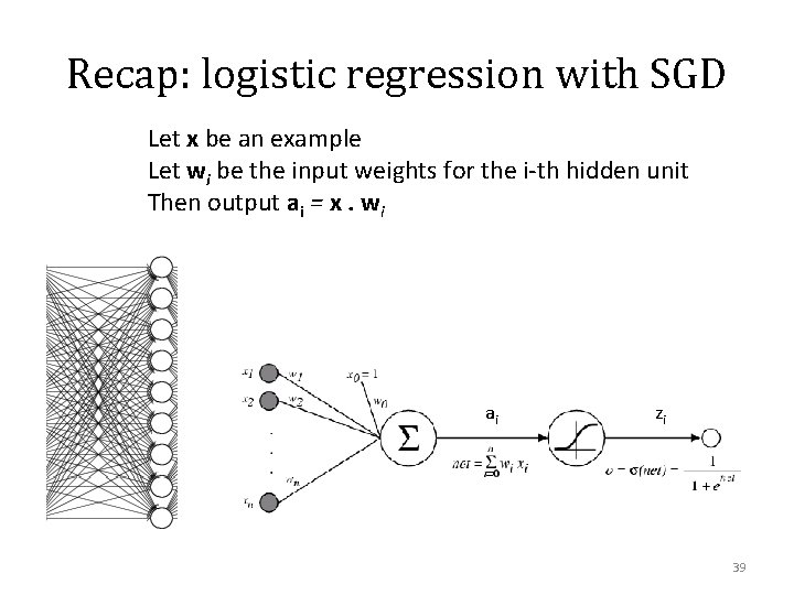 Recap: logistic regression with SGD Let x be an example Let wi be the