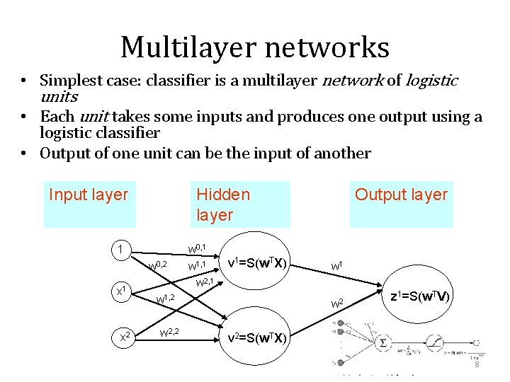 Multilayer networks • Simplest case: classifier is a multilayer network of logistic units •