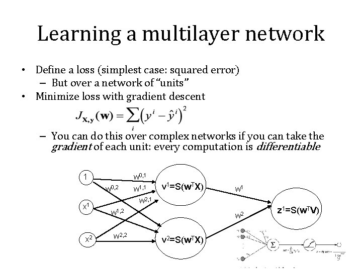 Learning a multilayer network • Define a loss (simplest case: squared error) – But