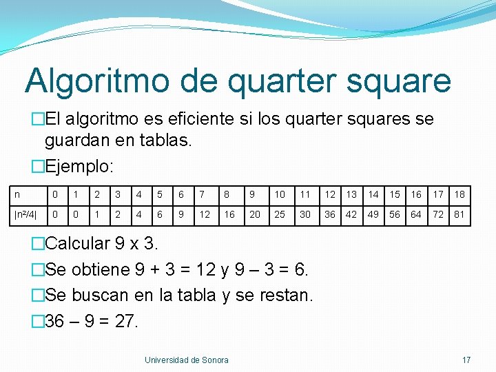 Algoritmo de quarter square �El algoritmo es eficiente si los quarter squares se guardan
