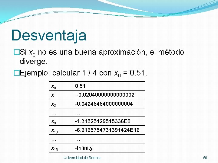 Desventaja �Si x 0 no es una buena aproximación, el método diverge. �Ejemplo: calcular