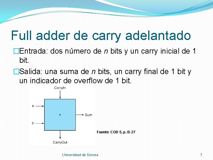 Full adder de carry adelantado �Entrada: dos número de n bits y un carry