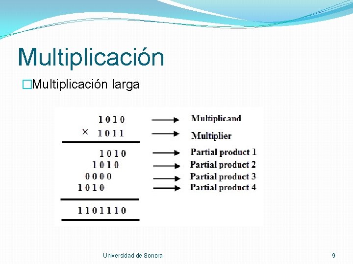 Multiplicación �Multiplicación larga Universidad de Sonora 9 