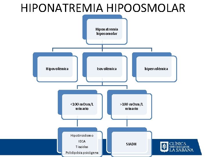 HIPONATREMIA HIPOOSMOLAR Hiponatremia hiposomolar Hipovolémica Isovolémica <100 m. Osm/L urinario Hipotiroidismo IECA Tiazidas Polidipdsia