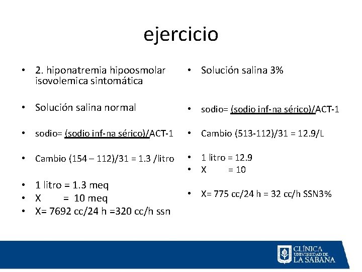 ejercicio • 2. hiponatremia hipoosmolar isovolemica sintomática • Solución salina 3% • Solución salina