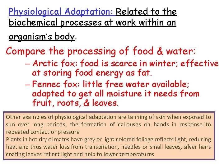 Physiological Adaptation: Related to the biochemical processes at work within an organism’s body. Compare