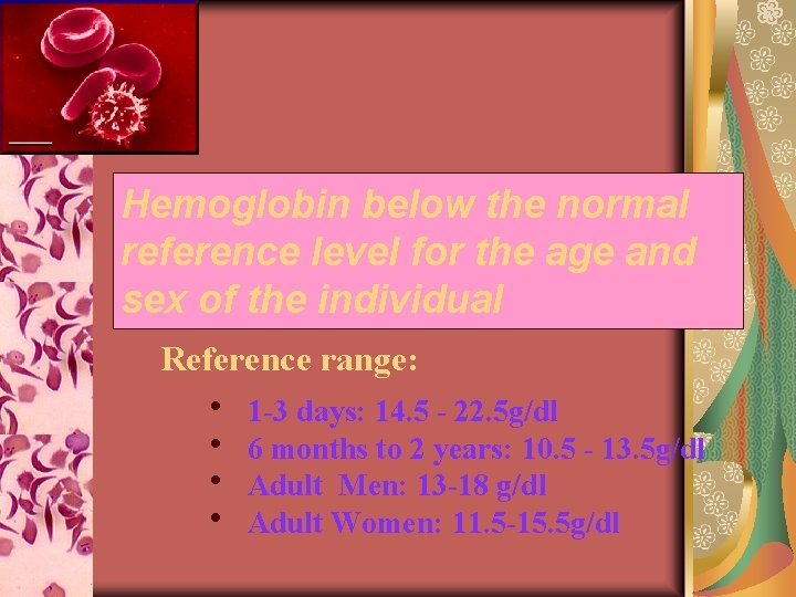 Hemoglobin below the normal reference level for the age and sex of the individual