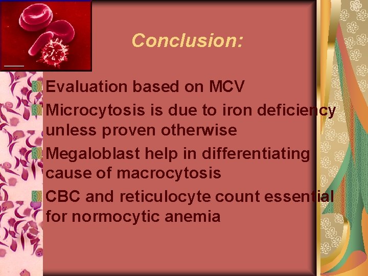 Conclusion: Evaluation based on MCV Microcytosis is due to iron deficiency unless proven otherwise