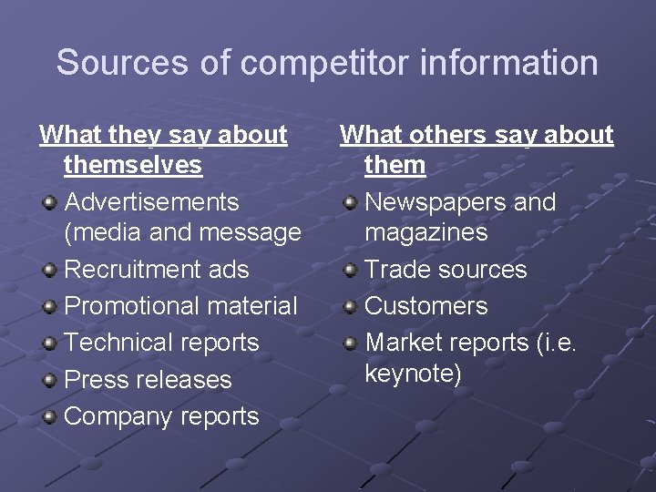 Sources of competitor information What they say about themselves Advertisements (media and message Recruitment