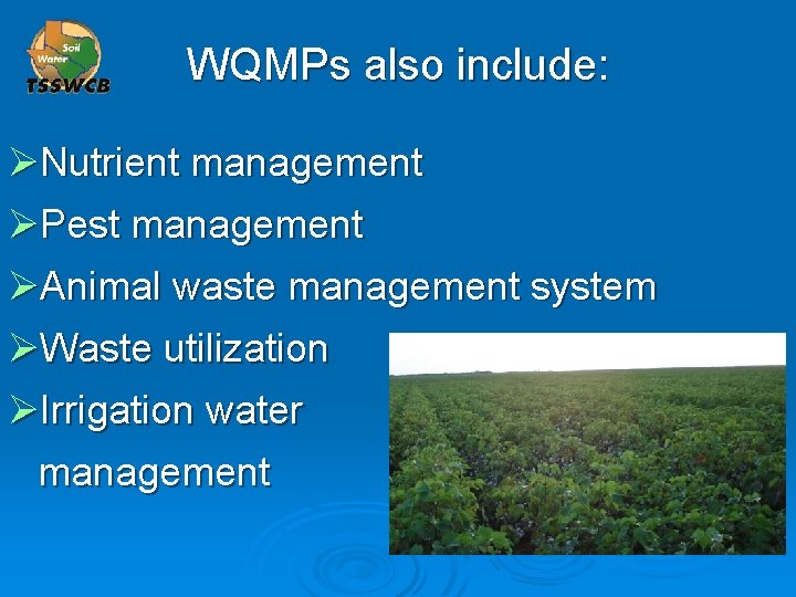 WQMPs also include: ØNutrient management ØPest management ØAnimal waste management system ØWaste utilization ØIrrigation