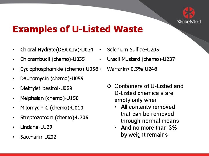 Examples of U-Listed Waste • Chloral Hydrate(DEA CIV)-U 034 • Selenium Sulfide-U 205 •