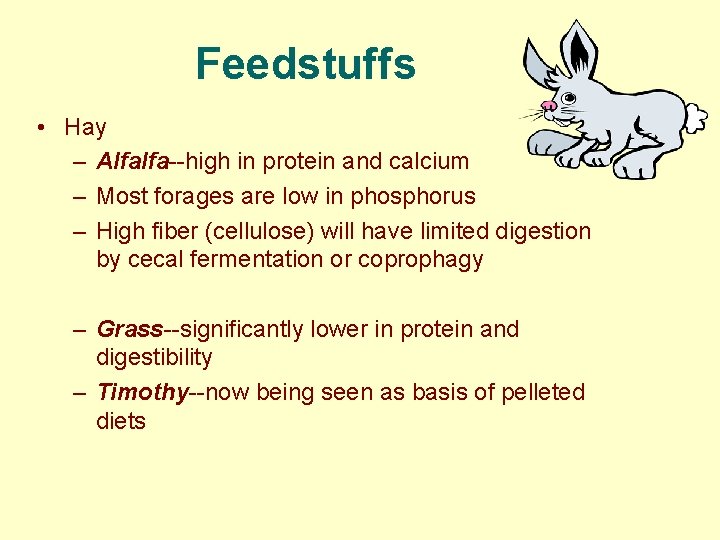 Feedstuffs • Hay – Alfalfa--high in protein and calcium – Most forages are low