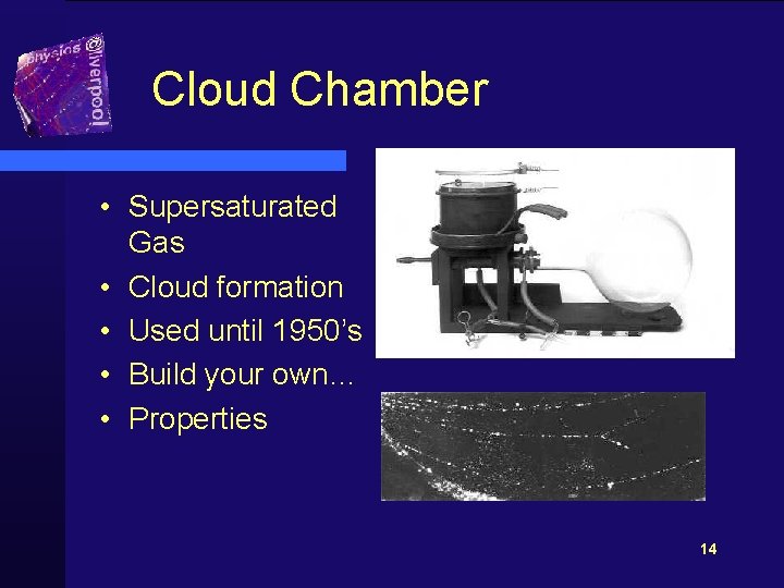 Cloud Chamber • Supersaturated Gas • Cloud formation • Used until 1950’s • Build