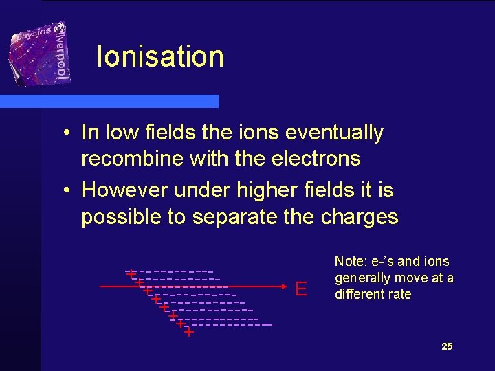 Ionisation • In low fields the ions eventually recombine with the electrons • However