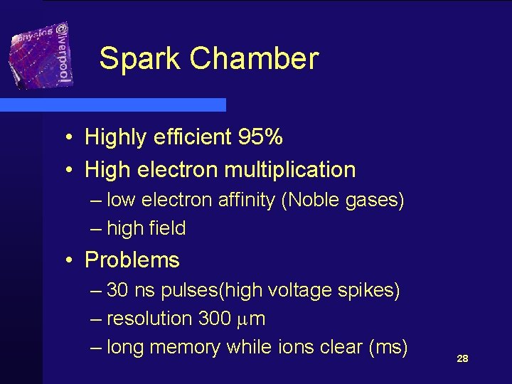 Spark Chamber • Highly efficient 95% • High electron multiplication – low electron affinity