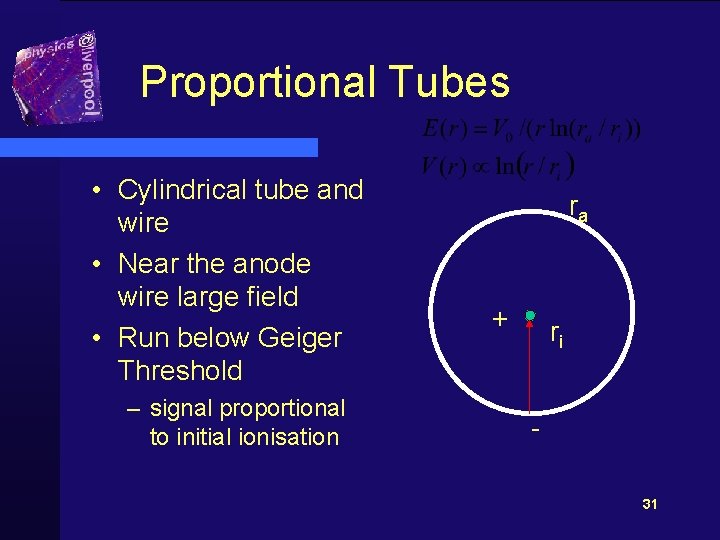 Proportional Tubes • Cylindrical tube and wire • Near the anode wire large field