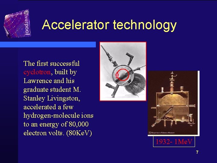 Accelerator technology The first successful cyclotron, built by Lawrence and his graduate student M.