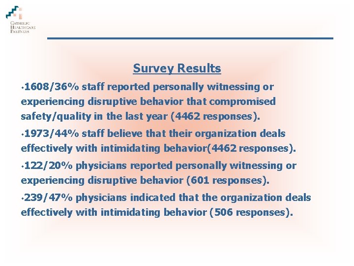 Survey Results • 1608/36% staff reported personally witnessing or experiencing disruptive behavior that compromised