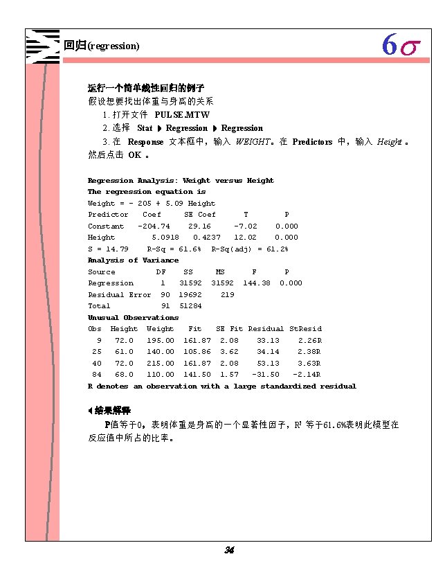 6 s 回归(regression) 运行一个简单线性回归的例子 假设想要找出体重与身高的关系 1. 打开文件 PULSE. MTW 2. 选择 Stat Regression 3.