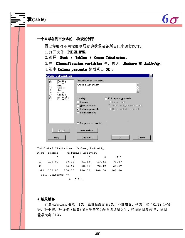 6 s 表(table) 一个显示各列百分比的 二次表的例子 假设你要对不同程度吸烟者的数量及各所占比率进行统计。 1. 打开文件 PULSE. MTW。 2. 选择 Stat Tables