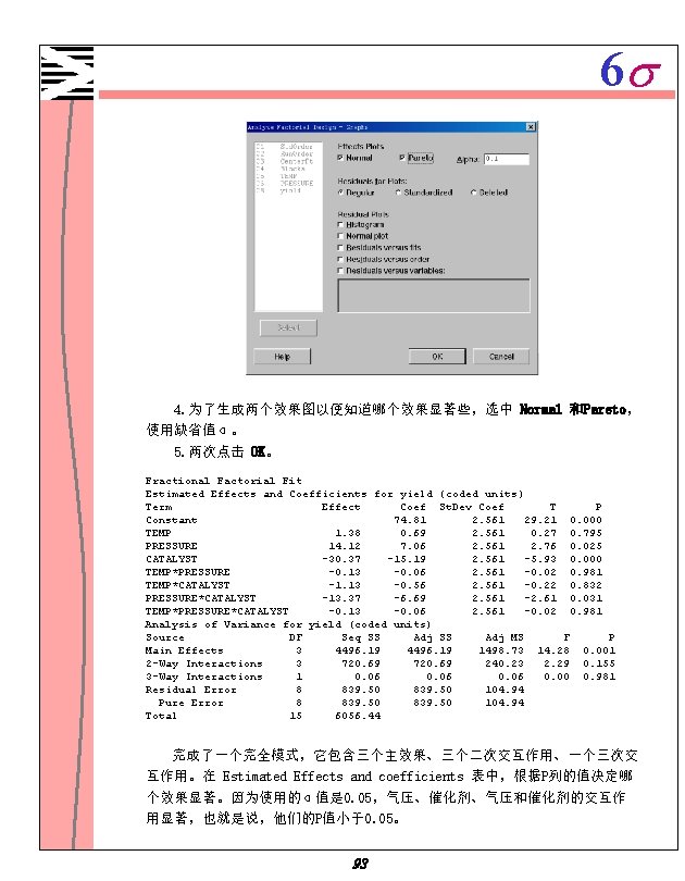 6 s 4. 为了生成两个效果图以便知道哪个效果显著些，选中 Normal 和Pareto， 使用缺省值α。 5. 两次点击 OK。 Fractional Factorial Fit Estimated