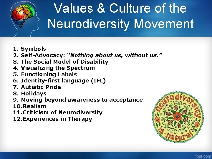 Values & Culture of the Neurodiversity Movement 1. Symbols 2. Self-Advocacy: “Nothing about us,