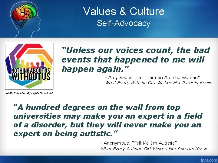 Values & Culture Self-Advocacy “Unless our voices count, the bad events that happened to