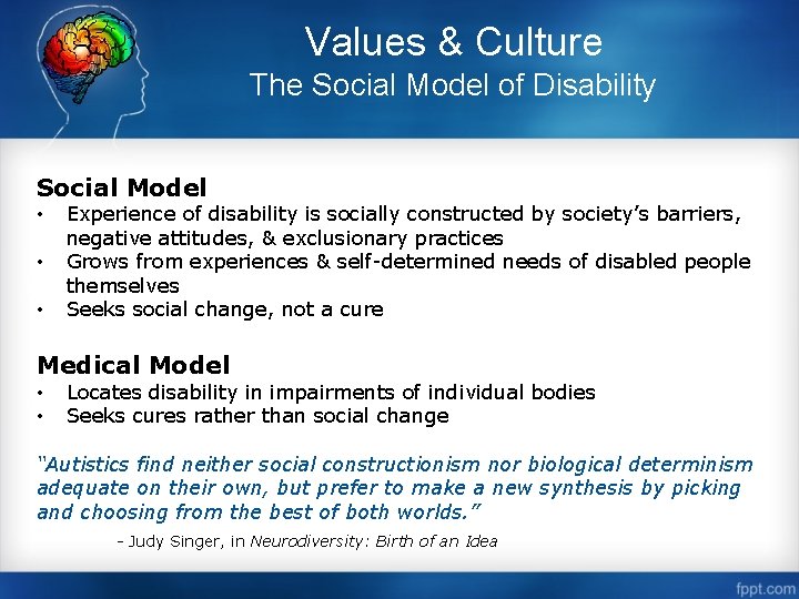 Values & Culture The Social Model of Disability Social Model • • • Experience