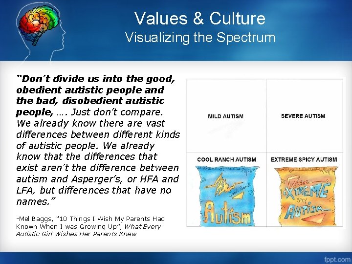 Values & Culture Visualizing the Spectrum “Don’t divide us into the good, obedient autistic