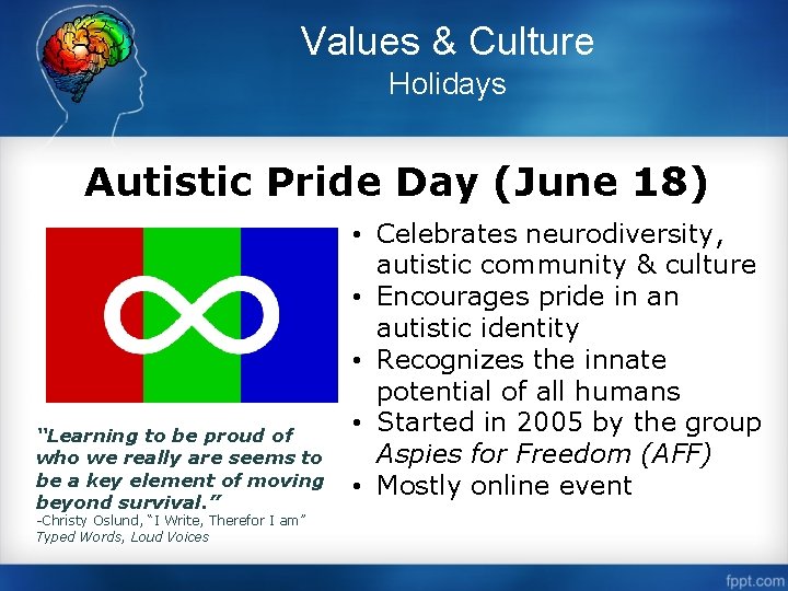 Values & Culture Holidays Autistic Pride Day (June 18) “Learning to be proud of
