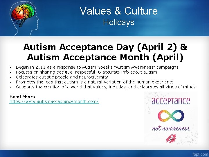 Values & Culture Holidays Autism Acceptance Day (April 2) & Autism Acceptance Month (April)