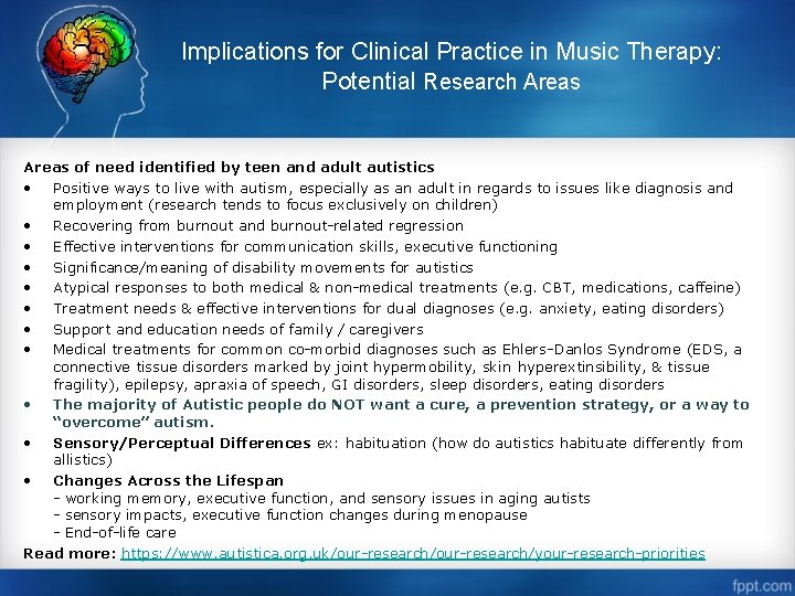 Implications for Clinical Practice in Music Therapy: Potential Research Areas of need identified by