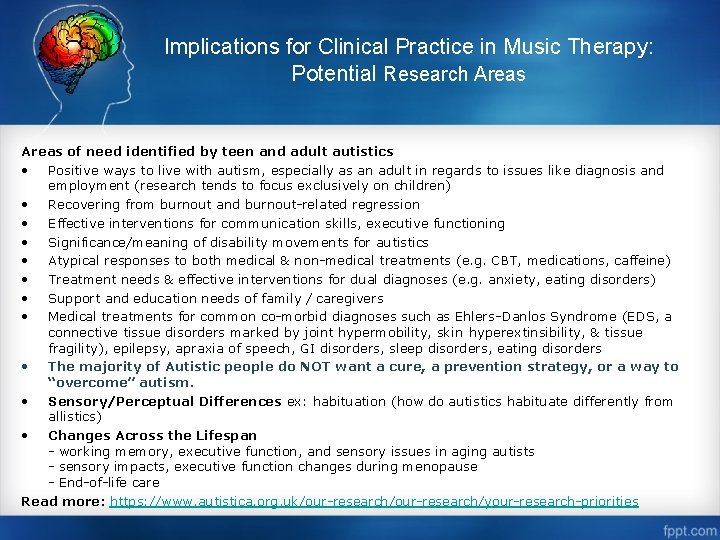 Implications for Clinical Practice in Music Therapy: Potential Research Areas of need identified by