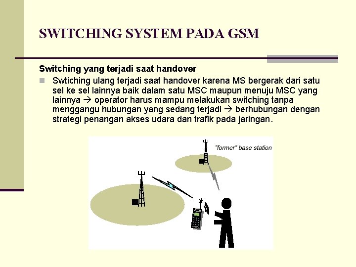 SWITCHING SYSTEM PADA GSM Switching yang terjadi saat handover n Swtiching ulang terjadi saat