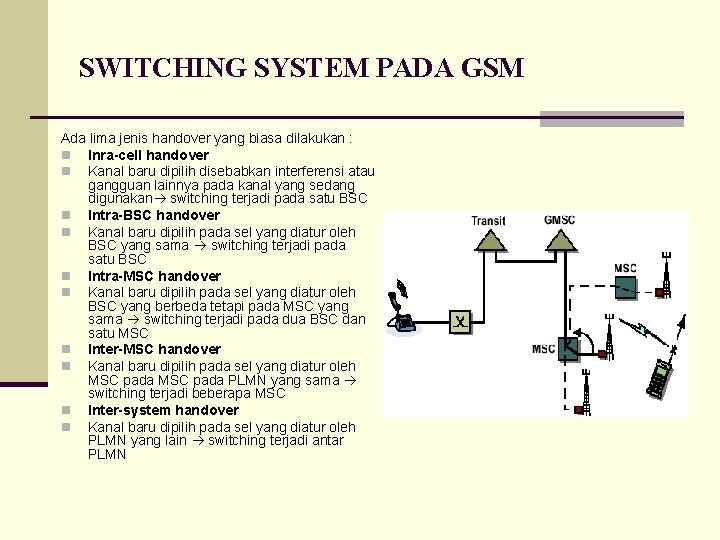 SWITCHING SYSTEM PADA GSM Ada lima jenis handover yang biasa dilakukan : n Inra-cell